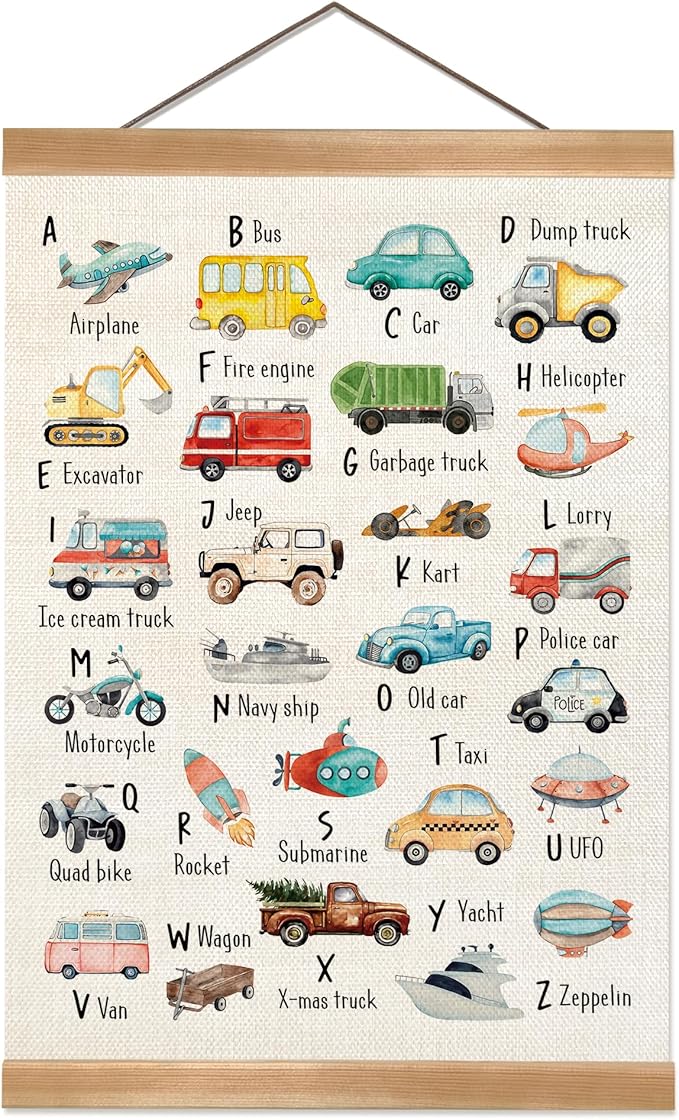 Car Alphabet Learning Poster Set of 1, Children's Room Wall Art, ABC Banner Poster, Letter Banner Wall Hanging Decor for Toddler Room Playroom Nursery Wall Classroom Decor 12x16inch(Car alphabet)