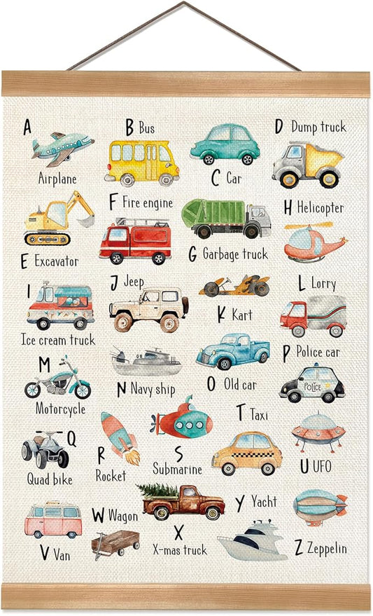 Car Alphabet Learning Poster Set of 1, Children's Room Wall Art, ABC Banner Poster, Letter Banner Wall Hanging Decor for Toddler Room Playroom Nursery Wall Classroom Decor 12x16inch(Car alphabet)