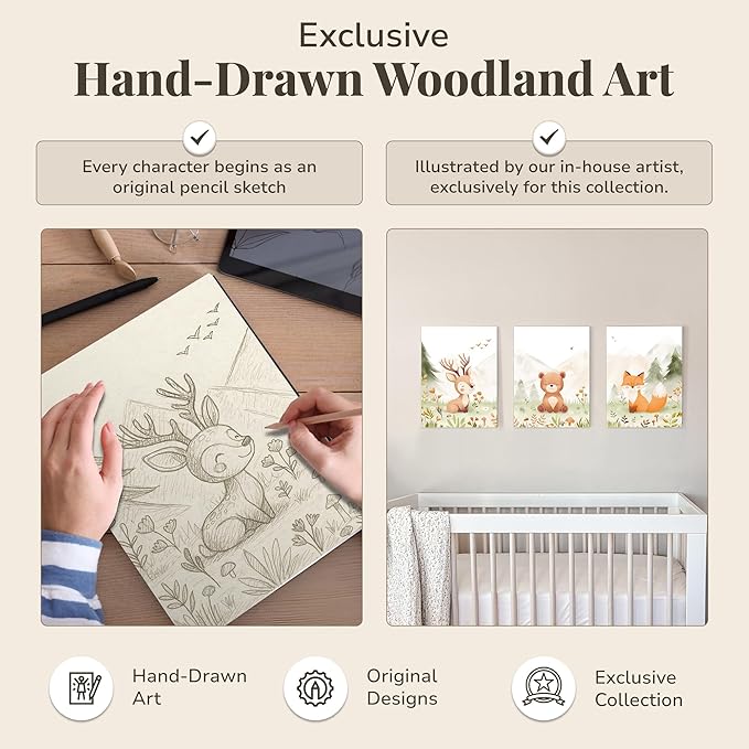 Woodland Nursery Wall Art – Set of 3 Neutral 12×16” Animal Canvas Prints (Deer, Bear, Fox), Printed from Original Hand-Drawn Illustrations, Framed & Ready-to-Hang Baby Room Decor for Boys & Girls