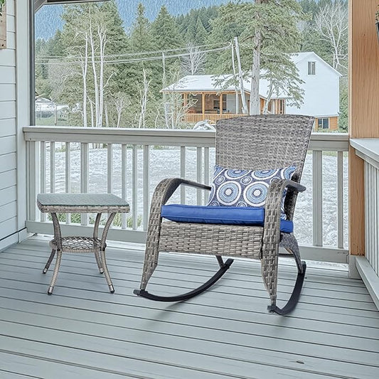 Outdoor Rocking Chair- Rattan Patio Rocker Chairs with Cushions and Steel Frame- All Weather Outdoor Rocker Chair with 2 Replaceable Cushion Covers (Blue & White), 320lbs,Grey Rattan