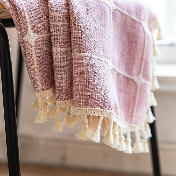 Deeprove Pink Boho Curtains 84 Inches Long for Girl's Bedroom Nursery Room, Cotton Linen Plaids Embroidery Semi Blackout Bohemian Window Treatment Grids Drape Tassels, 1 Panel W52 x L84