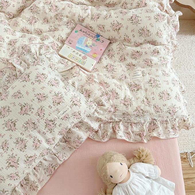 AOJIM Muslin Cotton Duvet Cover with Pink Floral Patterns, 1 Piece Super Soft Bedding Comforter Cover for Girls Women, 2-Layer Gauze Ruffled Edges Duvet Protector 79X90'', Machine Washable, No Quilt