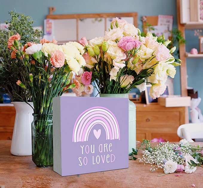 SRADMO You Are So Loved Rainbow Heart Wood Box Sign Desk Decor, Kids Inspirational Quotes Wooden Block Box Sign Decoration for Kids Room Nursery Shelf Table Decorative Accessories (Purple), 8x8 Inches