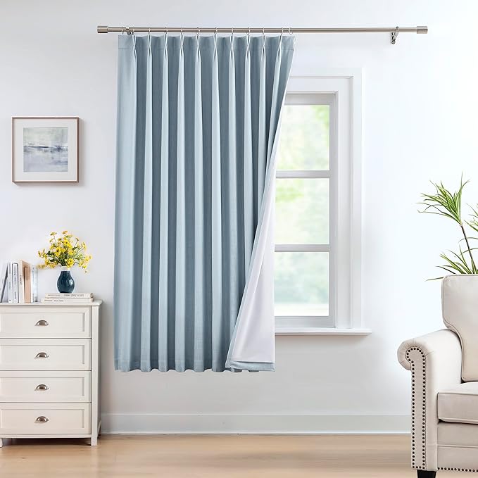Pinch Pleated Blackout Curtain Panels with Full Blackout Liner Linen Texture Window Treatment Sets with Back Tab for Living Room Bedroom Thermal Insulated Drape with 12 Hooks, 60"x72"x1, Dusty Blue