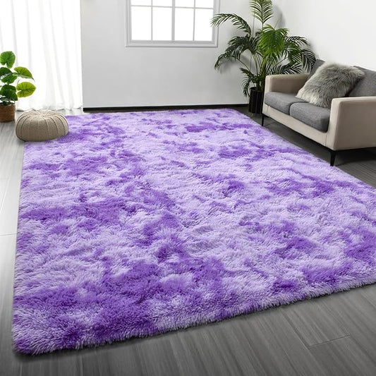 Large Shag Area Rugs 8 x 10, Tie-Dyed Plush Fuzzy Rugs for Living Room, Ultra Soft Fluffy Furry Rug for Bedroom, Indoor Carpet Nursery Rugs for Kids Room Home Decor, Purple