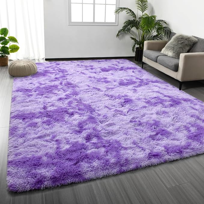 Large Shag Area Rugs 6 x 9, Tie-Dyed Plush Fuzzy Rugs for Living Room, Ultra Soft Fluffy Furry Rug for Bedroom, Indoor Carpet Nursery Rugs for Kids Room Home Decor, Purple