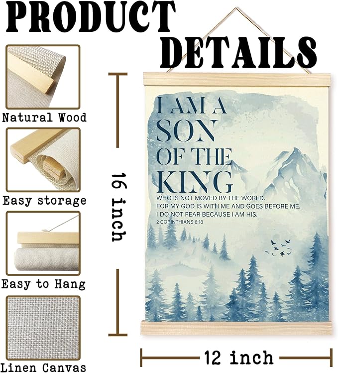 Hiuwevt Christian Nursery Wall Art, I Am a Son of the King Bible Verse Poster Hanger Frame, Blue Mountain Forest Inspirational Wall Art Home Decor for Kids Boys Room Bedroom Nursery Playroom, 12x16 Inch