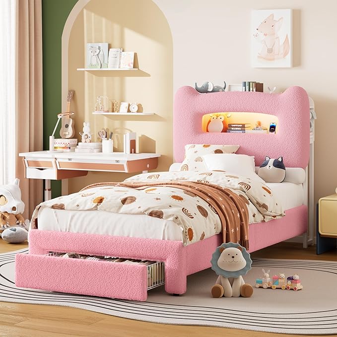 GarveeHome LED Twin Bed Frame with 2-Tier Storage Headboard, Upholstered Platform Bed with Charging Station and Drawer for Kids/Girls/Boys, Heavy Duty Metal Support, No Box Spring Needed, Pink