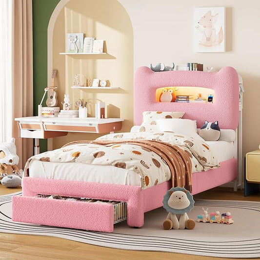 GarveeHome LED Twin Bed Frame with 2-Tier Storage Headboard, Upholstered Platform Bed with Charging Station and Drawer for Kids/Girls/Boys, Heavy Duty Metal Support, No Box Spring Needed, Pink