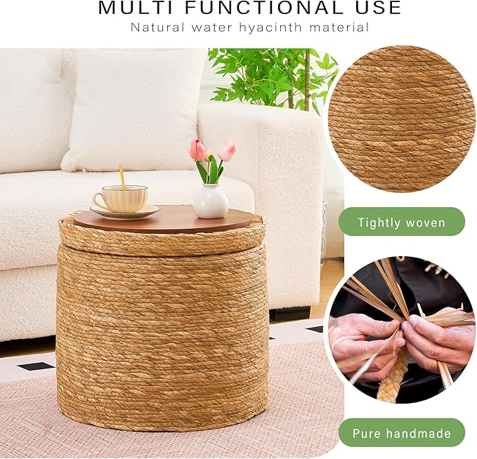 Wimarsbon 18'' Ottoman Pouf, Natural Braided Poof, Rustic Handweave Lounge Pouffe, Boho Footrest Stool for Bedroom, Accent Table for Living Room (Storage - 18inch Natural Cattail L)