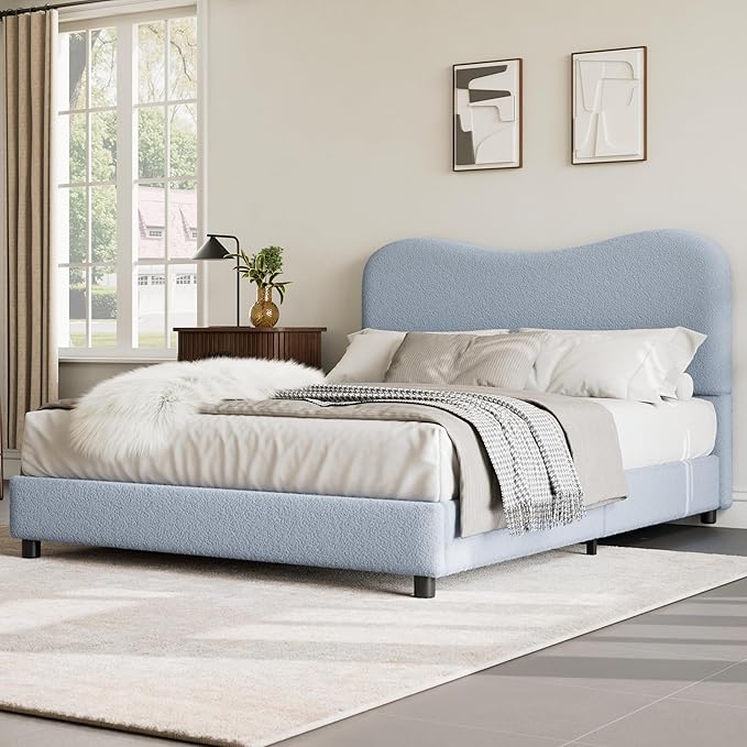 Senfot Blue Boucle Bed Frame with Upholstered Headboard, Soft Low Profile Sturdy Platform Bed with Rounded Corners Design, Heavy Duty, Wooden Slats, Noise Free, No Box Spring Needed, Full Size