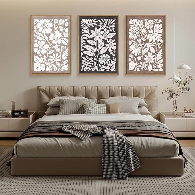 HLNIUC Black Brown Botanical Flower Wall Art Framed, Neutral Minimalist Wildflower Wall Decor set of 3 (16"x24"), Rustic Farmhouse Grey Canvas Painting, Nature Prints for Living Room, Bedroom, Office