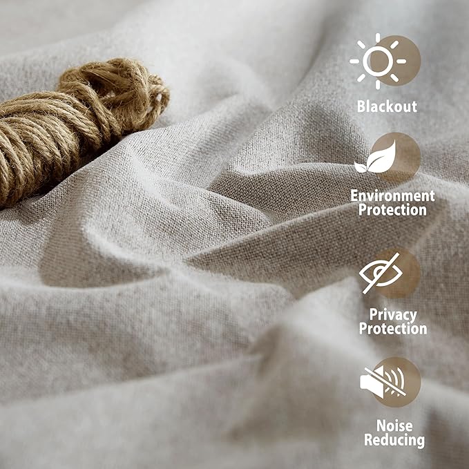 NICETOWN Natural Linen 100% Blackout Curtains 90 inches for Bedroom, Farmhouse Style Keep Warm Faux Linen Blackout Curtains with Thermal Insulated Liners for Dining Room, 2 Panels, 52" W, Drapes