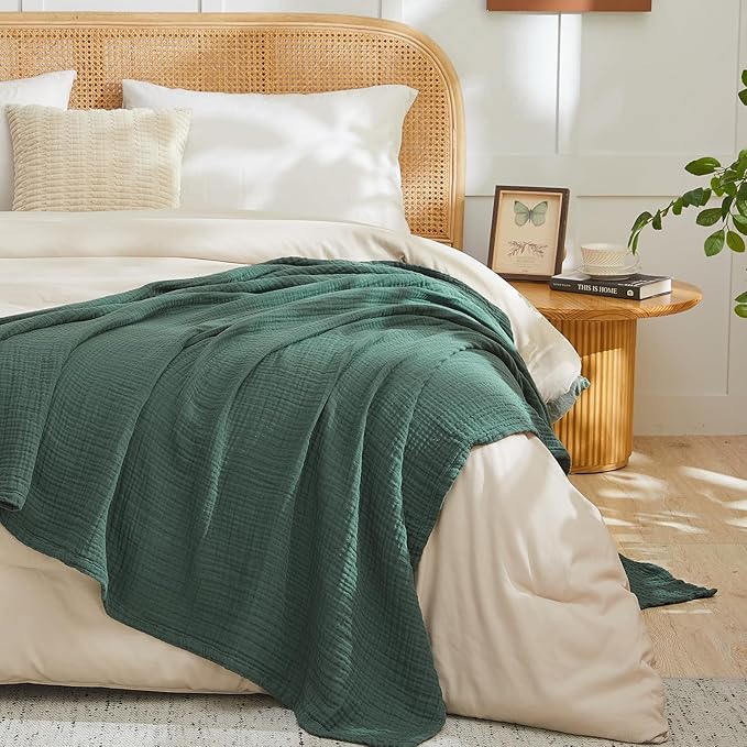 EMME Cotton Muslin King Blanket Big Oversized Bed Layering Bedspread Coverlet Breathable Gauze Soft Lightweight Blankets (Forest Green, 120"x94")