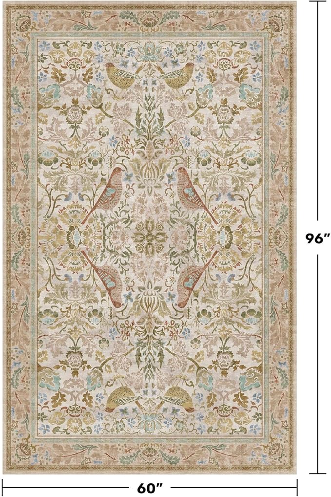 Washable Area Rugs 5x8 for Bedroom - Western Nature Rugs for Living Room, Dinning Room,Playroom, Guest Room with Boho Beige Neutral Botanical & Bird Pattern, Non Slip Stain Resistant Low Pile