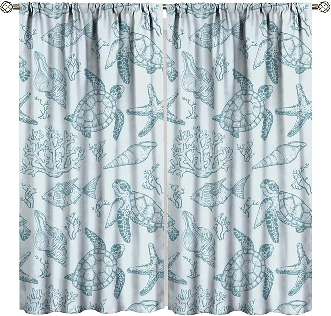 Turtle Starfish Curtains,Coral Starfish Seashell Beach Sea Seashell Theme Pattern Blackout Print Home Bedroom Living Room Window Treatmen 2 Panel Set 42x54 Inch