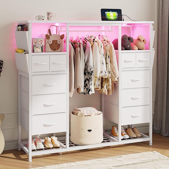 51.2" H White Dresser with Hanging Rack, 10 Drawers Dresser for Bedroom, Fabric Chest of Drawers with LED Lights & Charging Station, Wooden Top & Sturdy Frame, White