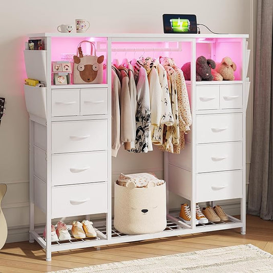 51.2" H White Dresser with Hanging Rack, 10 Drawers Dresser for Bedroom, Fabric Chest of Drawers with LED Lights & Charging Station, Wooden Top & Sturdy Frame, White
