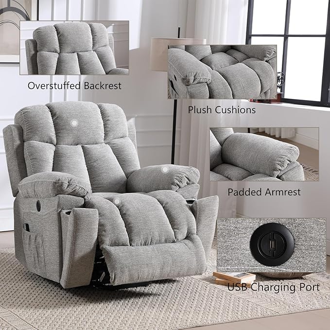 CANMOV Large Power Lift Recliner Chairs with Massage and Heat for Elderly Big People, Heavy Duty Motion Reclining Mechanism-Anti Skid Fabric Recliner Chair with 2 Concealed Cup Holders, Smoke Gray