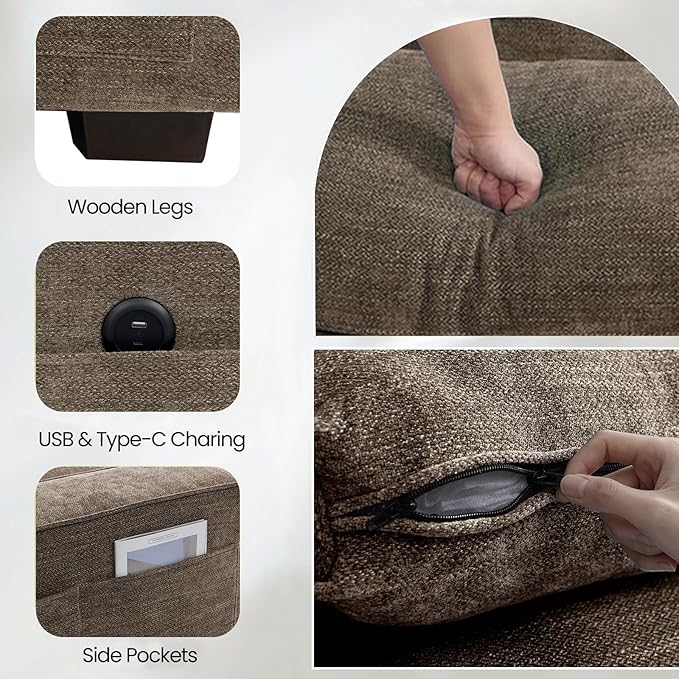 TEKAMON 100" Modular Sofa with Seats Storage, Comfy 3-Seater Chenille Fabric Couch for Living Room, Office, Apart W/Deep Seat, USB Charging, Upholstered Couch with Removable Cover(Brown)