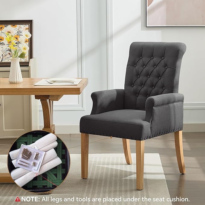 Fabric Dining Chair with Arms, Upholstered Tufted High Back Dining Room Chairs, Accent Armchair with Solid Wood Leg and Nailhead Trim, Kitchen Dining Living Room, Dark Grey