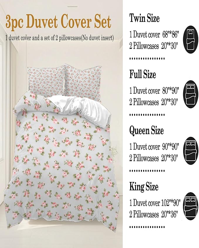 Girls Floral Duvet Cover Queen Soft Chic Floral Bedding Set with 2 Pillowcases Fresh Garden Botanical Duvet Cover with Zipper Closure Ties