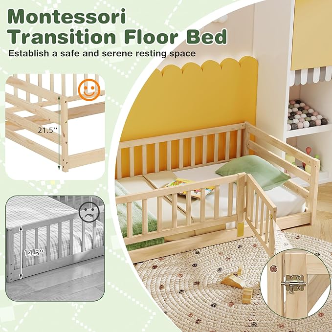 KOMFOTT Twin Size Wood Floor Bed with Door & 21.5” Fence, Montessori Bed Frame with Full Length Safety Guardrails, Door & Latch, Wooden Montessori Floor Bed for Kids, Girls, Boys