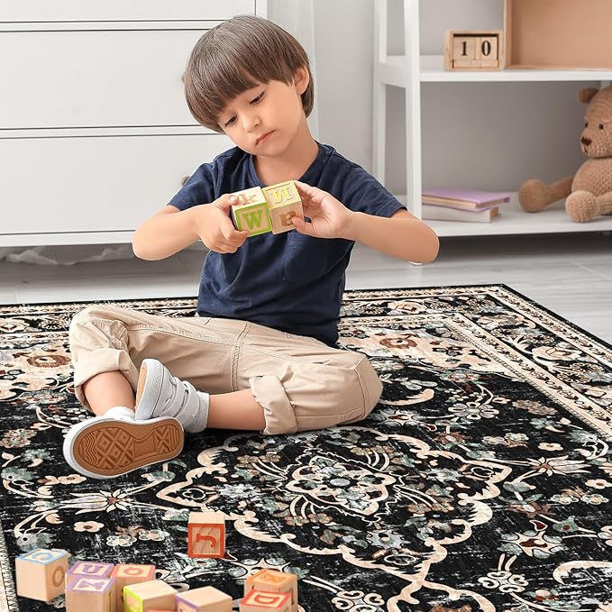 Vhong Washable Area Rugs Boho Vintage Modern Neutral Small Carpet Black and Brown 3×5 High Traffic Rugs for Dinning Room Living Room Bedroom Non Slip