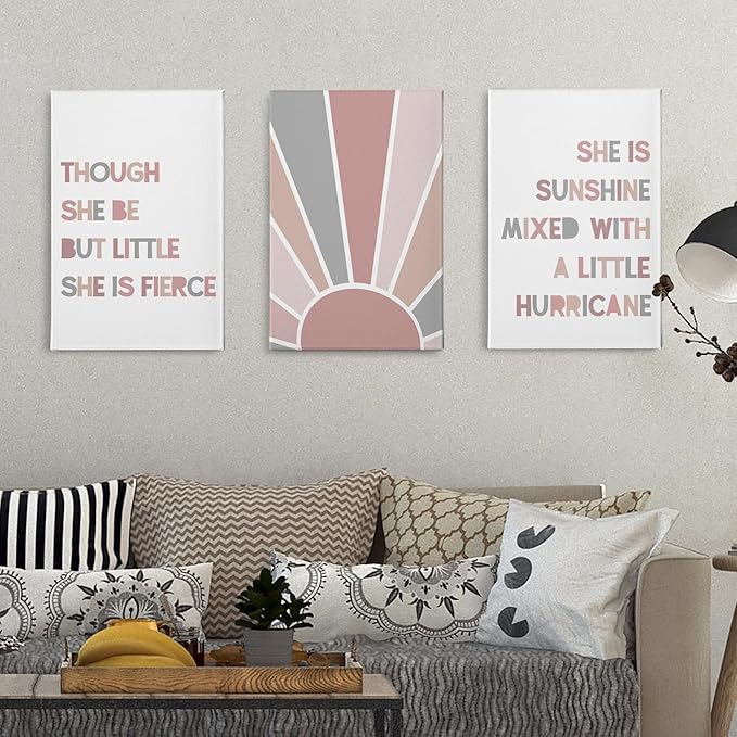 PHAMTE Nursery Boho Girls Bedroom Wall Art Decor Set of 3, She is Sunshine Mixed with a Little Hurricane Sunshine Sun Print Framed Canvas Painting Artwork for Room Bedroom Home Playroom 16x24in