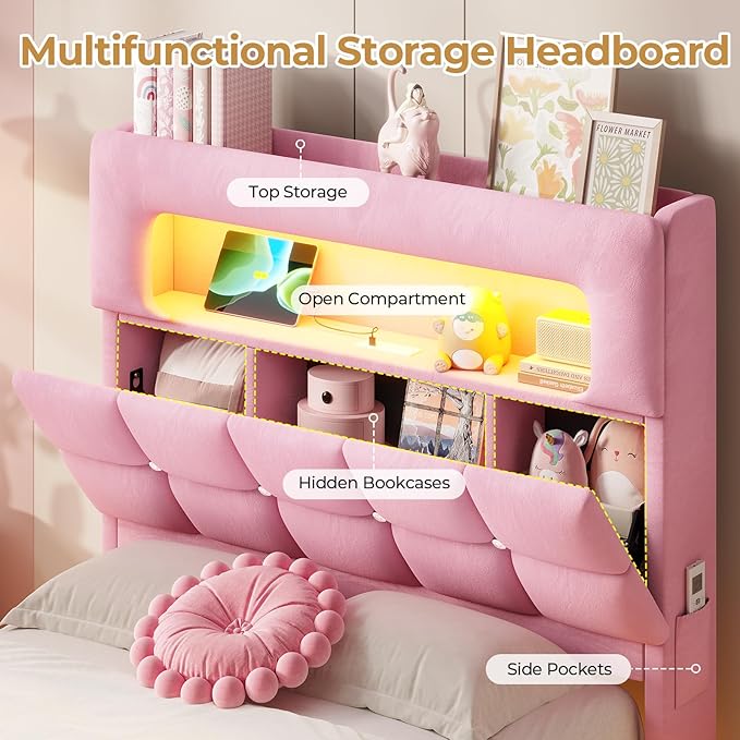 MSmask Twin Upholstered LED Bed Frame with 2-Tier Storage Bookcase Headboard, Velvet Princess Bed with Crystal Button Tufted Headboard & Charging Station, Girls Platform Bed, Curved Legs, Pink