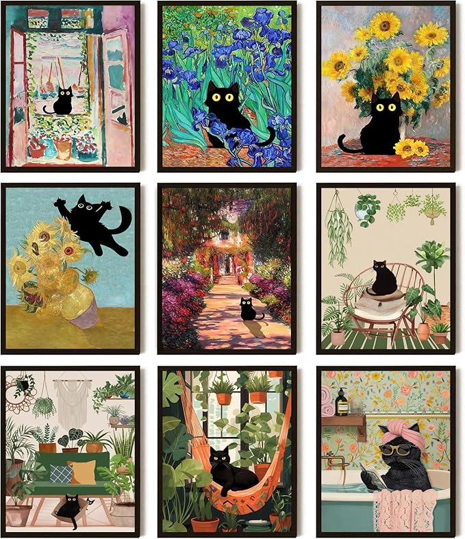 Funny Black Cat Poster Wall Art Set of 9, Vintage Van Gogh Black Cat Canvas Prints, Colorful Cat Floral Aesthetic Prints Wall Decor Paintings for Bedroom Bathroom Dorm Home Decor 8x10In Unframed