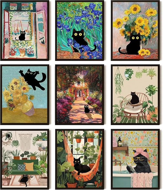 Funny Black Cat Poster Wall Art Set of 9, Vintage Van Gogh Black Cat Canvas Prints, Colorful Cat Floral Aesthetic Prints Wall Decor Paintings for Bedroom Bathroom Dorm Home Decor 8x10In Unframed