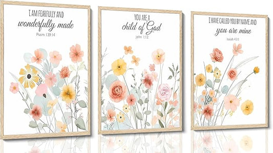 Esejchiam 3pcs Christian Floral Wall Art Wildflowers Bible Verse Canvas Wall Decor Boho Floral Paintings Prints Poster for Living Room Bedroom Home Decorations Unframed