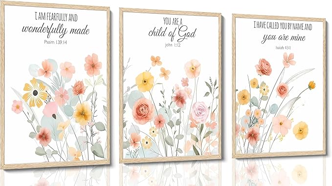 Esejchiam 3pcs Christian Floral Wall Art Wildflowers Bible Verse Canvas Wall Decor Boho Floral Paintings Prints Poster for Living Room Bedroom Home Decorations Unframed