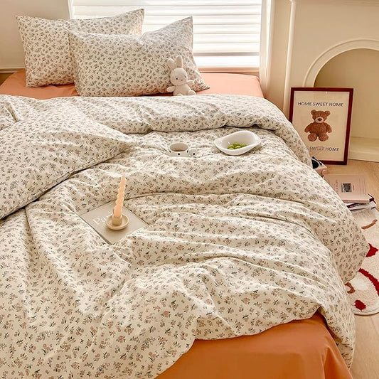 HighBuy Boho Cotton Floral Duvet Cover King White Coquette Comforter Quilt Duvet Covers with Pink Floral,Garden Floral Bedding Set Twin Lightweight Soft Cottagecore Duvet Cover Sets Cute,King