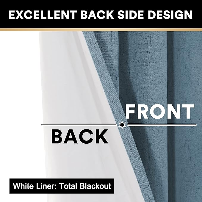 PrinceDeco 100% Blackout Curtains for Sliding Glass Doors Patio Door Curtains for Sliding Glass Door Linen Blackout Curtains for Living Room/Bedroom,W100 X L96 Inch, Stone Blue