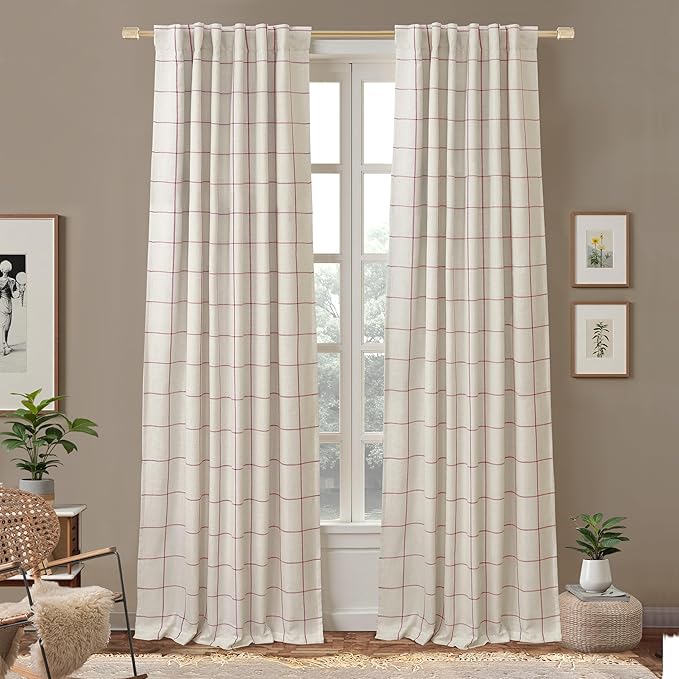 DriftAway 2 Panels 100% Blackout Windowpane Plaid Linen Curtains Double Layer Drapes for Bedroom 102 Inches Long Farmhouse Thermal Insulated 3.25 Inch Rod Pocket Back Tab for Living Room Red