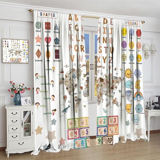 Kids Educational Curtain,Pastel ABC Alphabet Continents Map Numbers Shapes Weather Learning Tools Boy Girl Nursery Rod Pocket Blackout Window Treatments for Bedroom Living Room 52" W X 84" L