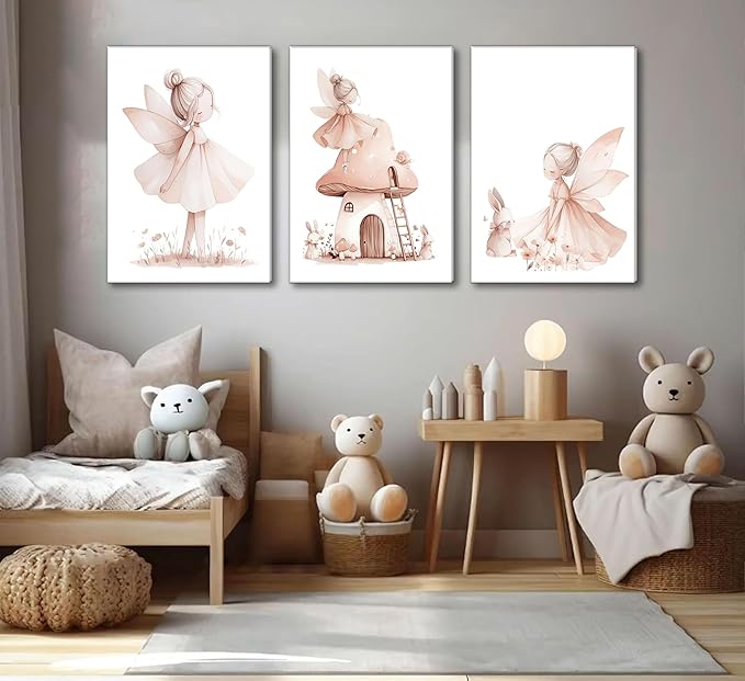 UNDDISINS 3 Pcs Pink Fairy Nursery Canvas Wall Art Girs Room Pink Nursery Painting Picture Wall Decor Cute Fairy Posters Art Fairies Paintings Artwork for Kids Room Toddler GirlRoom Home Decoration