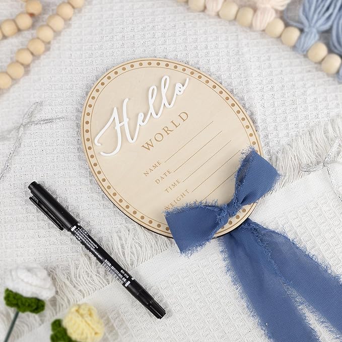 Baby Announcement Sign 6.5 Inch Wooden Hello World Newborn Welcome Sign Birth Name Plaques for Photo Props Shower Hospital Nursery (Blue Bow)
