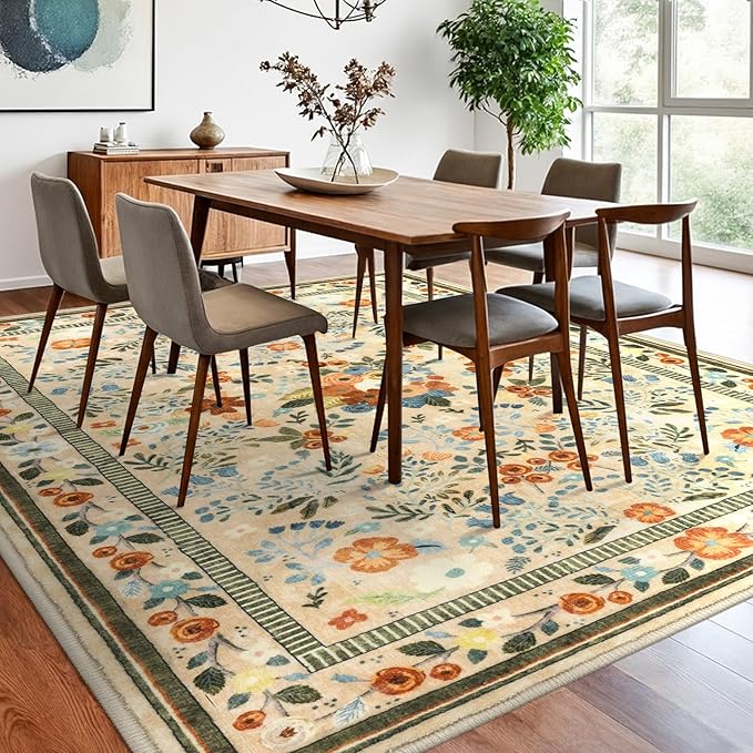 Rugs for Living Room 8x10, Machine Washable Non-Slip Thin Area Rugs, Boho Vintage Floral Soft Bedroom Carpet Rug for Home Indoor Dining Room, Beige/Multi