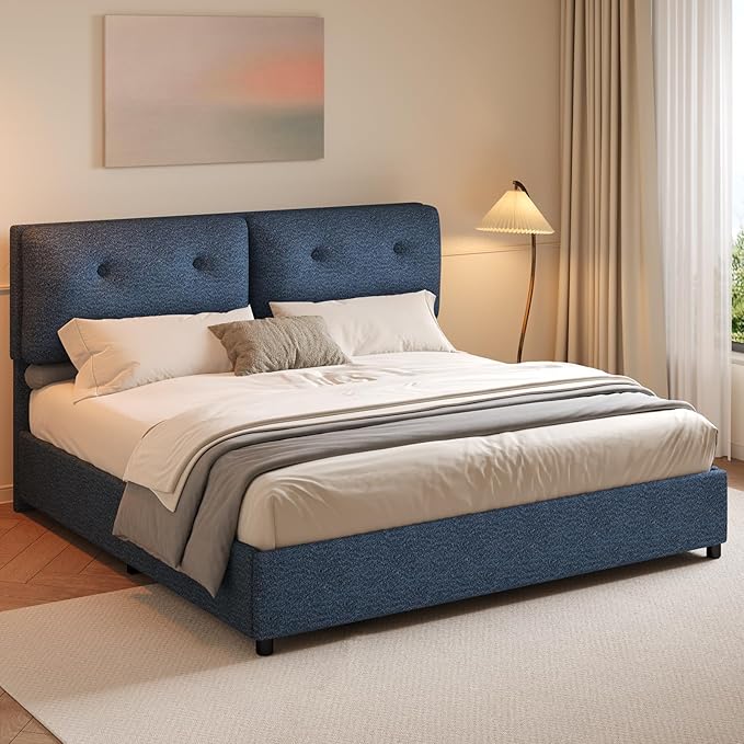 Boucle Upholstered Bed Frame King Size, Low Platform Bed King, Modern Soft Style, Adjustable Headboard, No Box Spring Needed, Easy Assembly, Blue