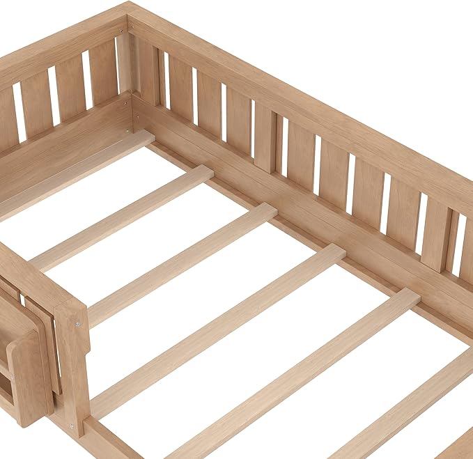 Bellemave Twin Size Floor Bed with high Rails and with Built-in Bookshelf for Kids, Girls, Boys, Wood Montessori Floor Bed Without Door, Natural