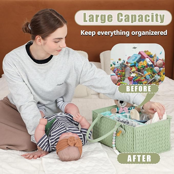 MOMINSIDE Baby Diaper Caddy Diaper Caddy Organizer, Baby Basket Nursery Storage, Portable Changing Table Car caddy organizer for Girl Boy, Baby Registry Baby Shower Gifts (Fair Green)