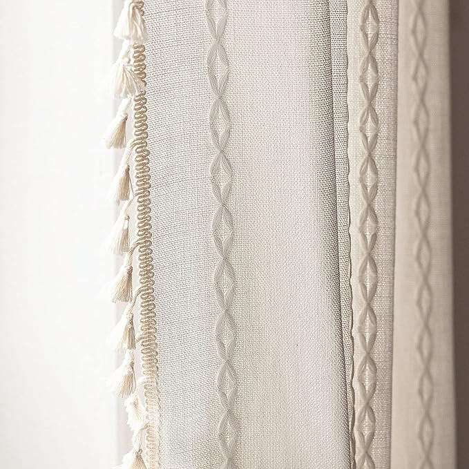 Deeprove White Boho Curtains 84 Inches Long for Bedroom Living Room, Cream Chic Linen Cotton Embroidered Semi Blackout Bohemian Farmhouse Window Treatment Drape Vintage Tassels, 1 Panel W52 x L84