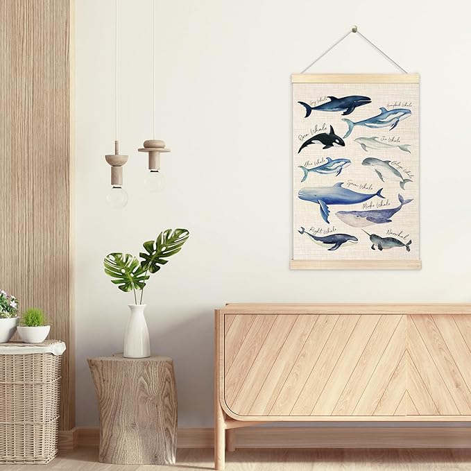 Ecezatik Species of Whales Wall Art with Wooden Poster Hanger, Whale Posters, Beach Room Decor, Ocean Room Decor, Whale Wall Art Decor for for Classroom Nursery Kids Room Playroom, 16x24 Inch