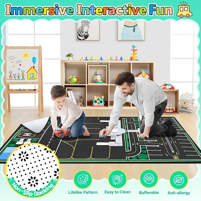 Kids Rug, Airport Rug & Play Mat, 6x9 Ft Road Carpet for Kids with Combined City Traffic & Airport Runway, Non-Slip Playmat for Playroom, Classroom, and Bedroom