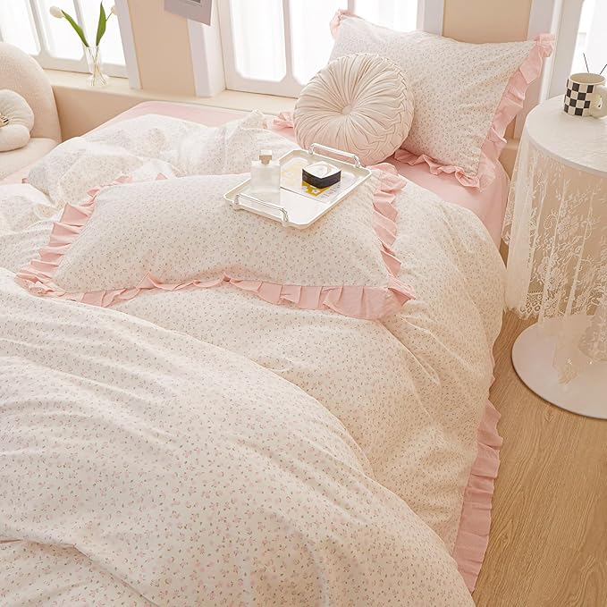 Pink Floral Duvet Cover Full 100% Cotton Ruffle Duvet Cover Girls Princess Lace Bedding Set Botanical Flower Comforter Cover with Zipper Closure Vintage Country Bedding Cottagecore Duvet Cover Set