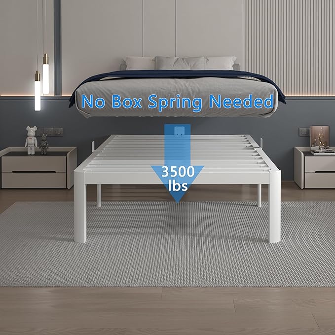 14 Inch Twin Bed Frames, White Bed Frame Twin Size with Metal Baffles, No Box Spring Needed, Heavy Duty Steel Platform Supprt, Rounded Corner Design, Reserved Holes, Noise Free, Storage Space