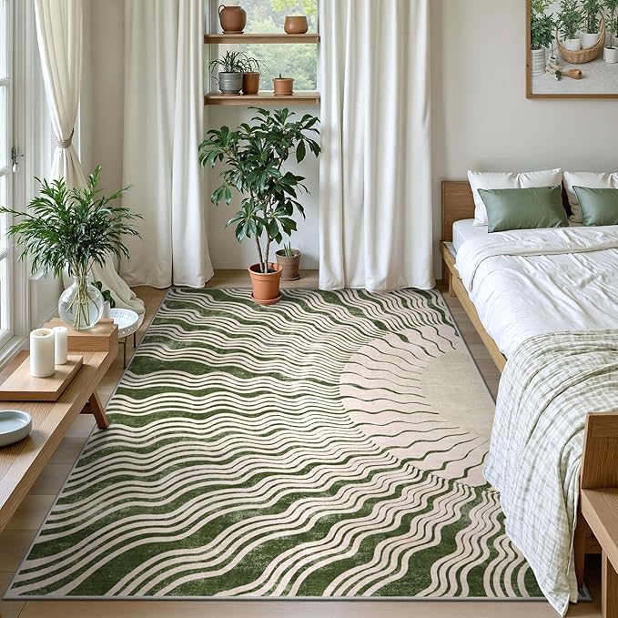 Boho Washable Rugs 5x7, Sun Print Soft Green Rug for Bedroom Ultra-Thin Nursery Rug Non Slip, Stain Resistant Living Room Carpet for Dining Room Classroom(5'x 7',Green/Multi)